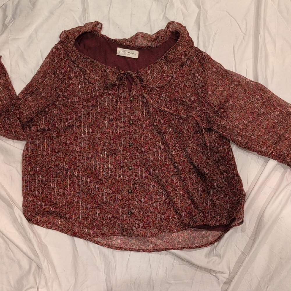Lucky Brand Burgundy Floral Top with Tie